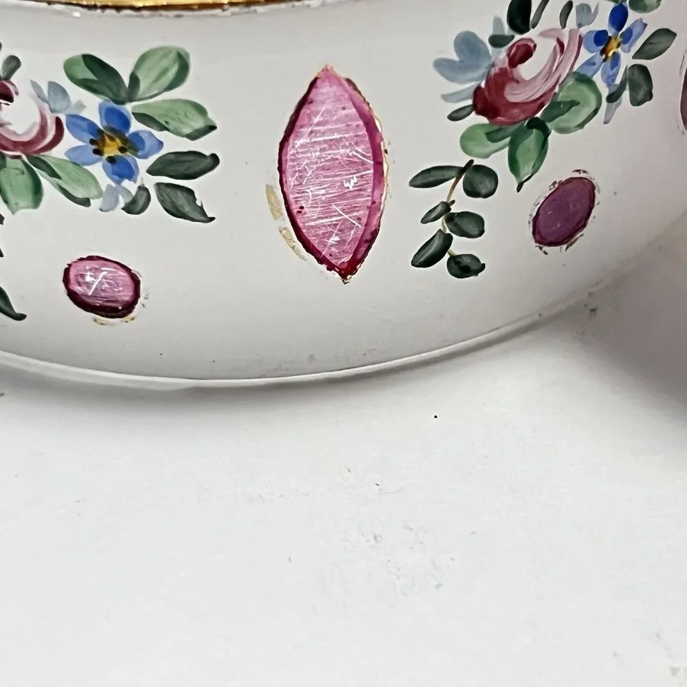 VTG Bohemian Czech Cased Milk Glass Hand Painted Trinket / Powder Jar Floral